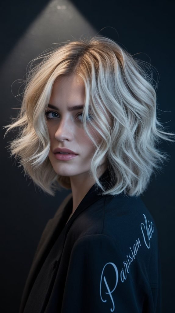 Icy Blonde Shaggy French Bob for Winter Glamour