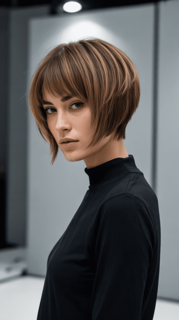  Stacked Angled Bob with Feathered Bangs
