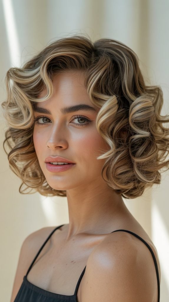 Graduated Blonde Highlights Curly Bob