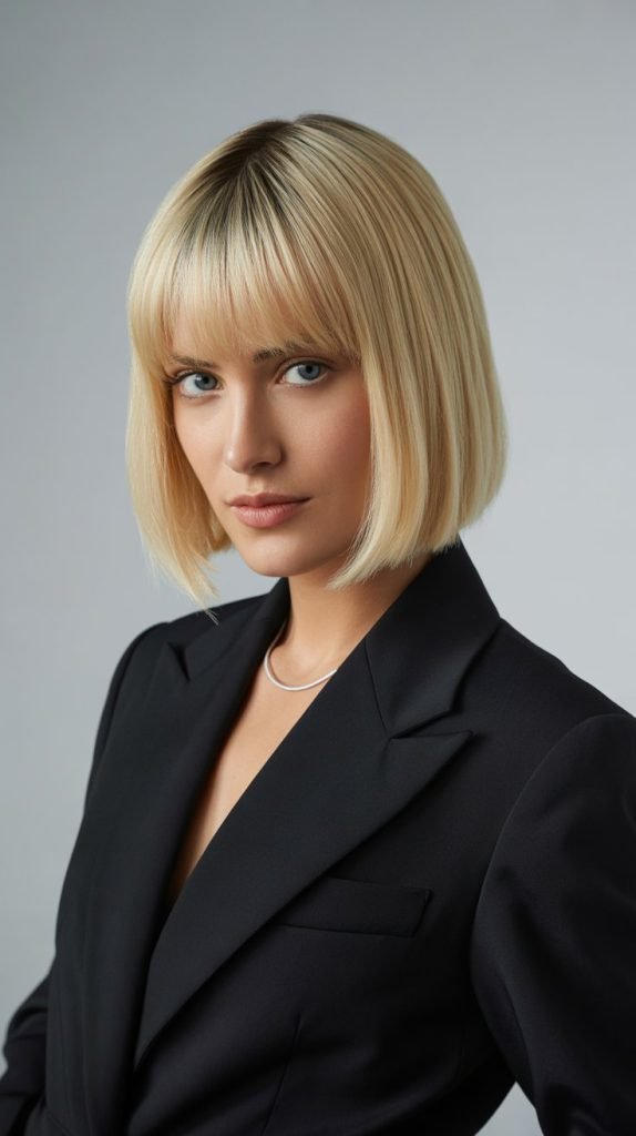 Classic Straight French Bob with Platinum Blonde Bangs
