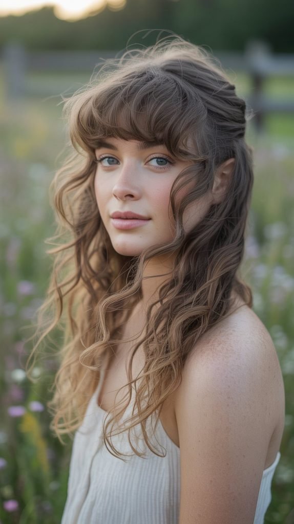 Long Curly Cut with Feathered Bangs and Face-Framing
