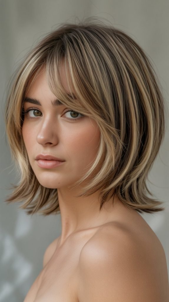 8. Layered Shaggy Bob with Curtain Bangs and Highlights