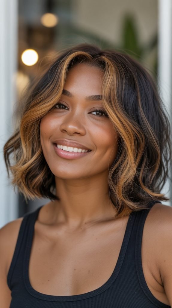 Textured Jawline Bob with Highlights