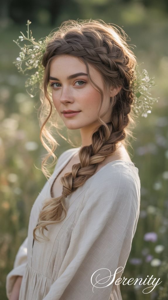 : A woman with a waterfall braid across the crown, cascading loose curls, romantic and feminine styling