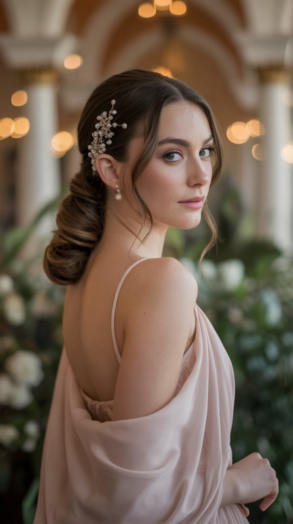 Elegant bridesmaid with low twisted ponytail updo, soft romantic lighting, wedding venue background, delicate hair accessories