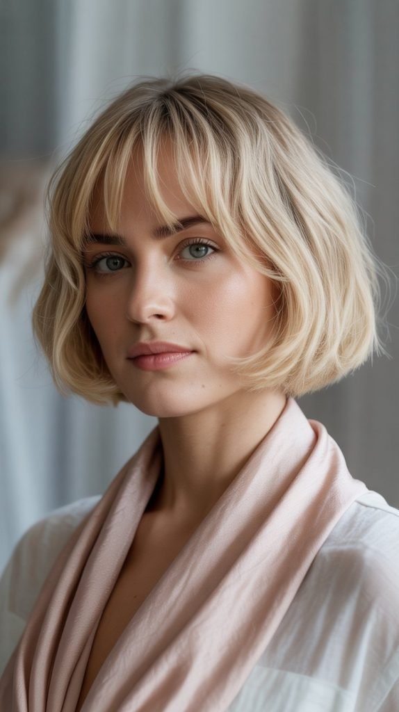 Soft French Bob with Cream Blonde Bangs
