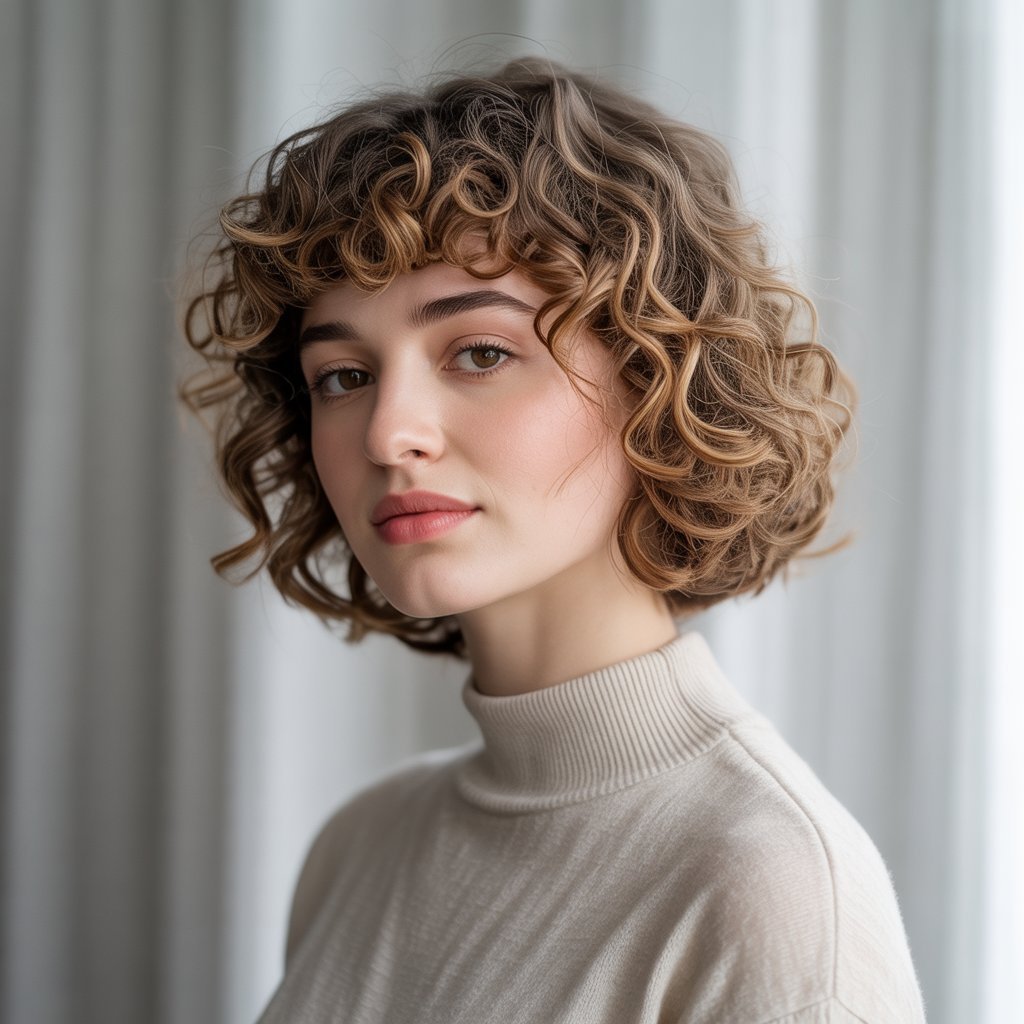 Curly French Bob with Bangs