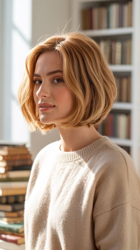 27. Feathered Bob with Honey Blonde Tones