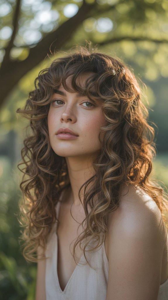 Long Layered Curls with Curtain Bangs