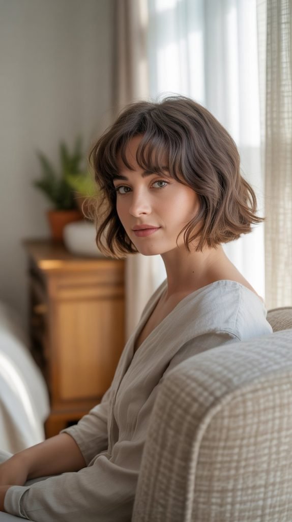 29. Tousled Chin Bob with Wispy Side Bangs