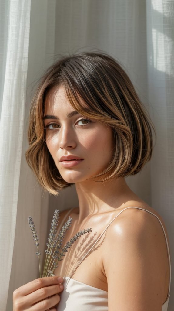 23. Feathered Bob with Caramel Highlights