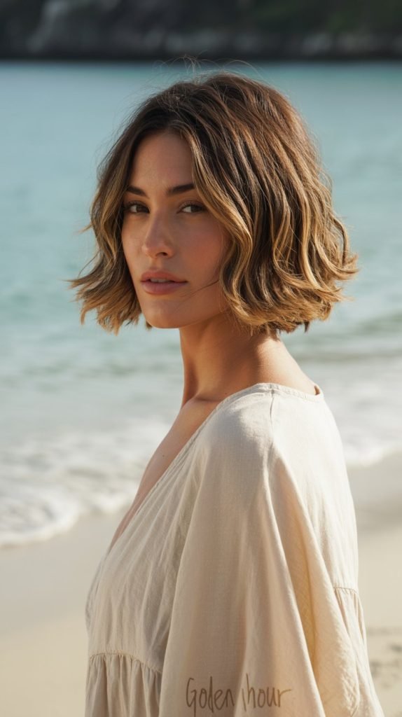 30. Feathered Bob with Beachy Waves