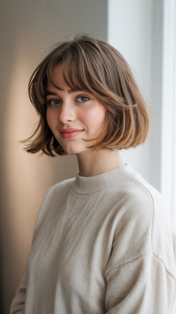 4. Feathered Bob with Wispy Bangs