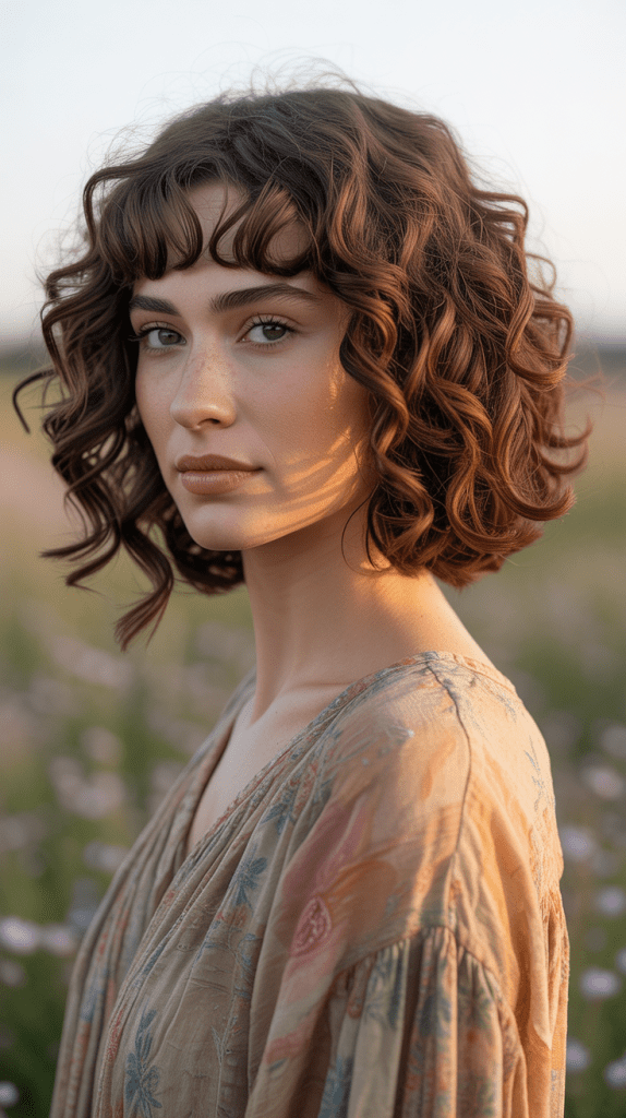 Curly Jaw-Length Bob with Curtain Bangs