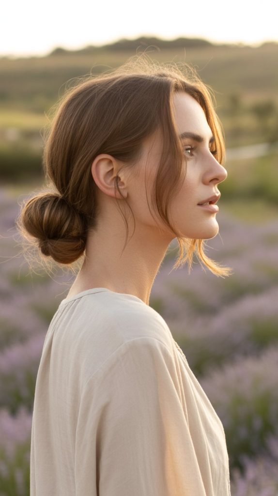 1. Messy Low Bun with Face-Framing Tendrils