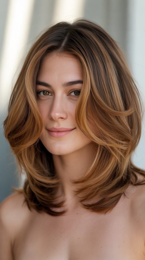 13. Layered Bob with Cognac Ribbons