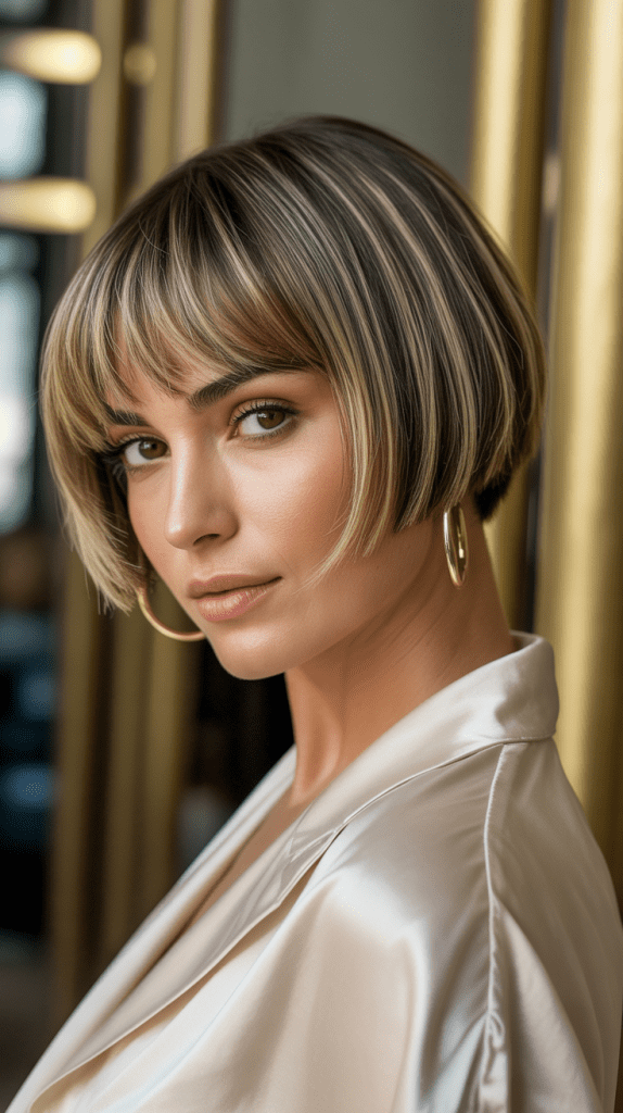 Blunt Bob with Swoop Bangs and Balayage