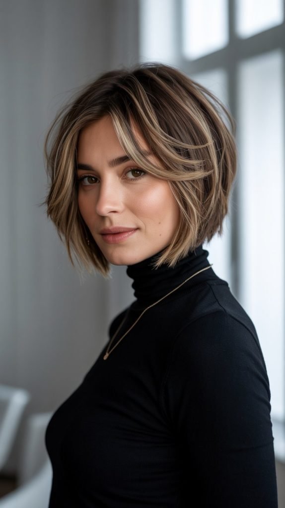 . Feathered Bob with Balayage Highlights