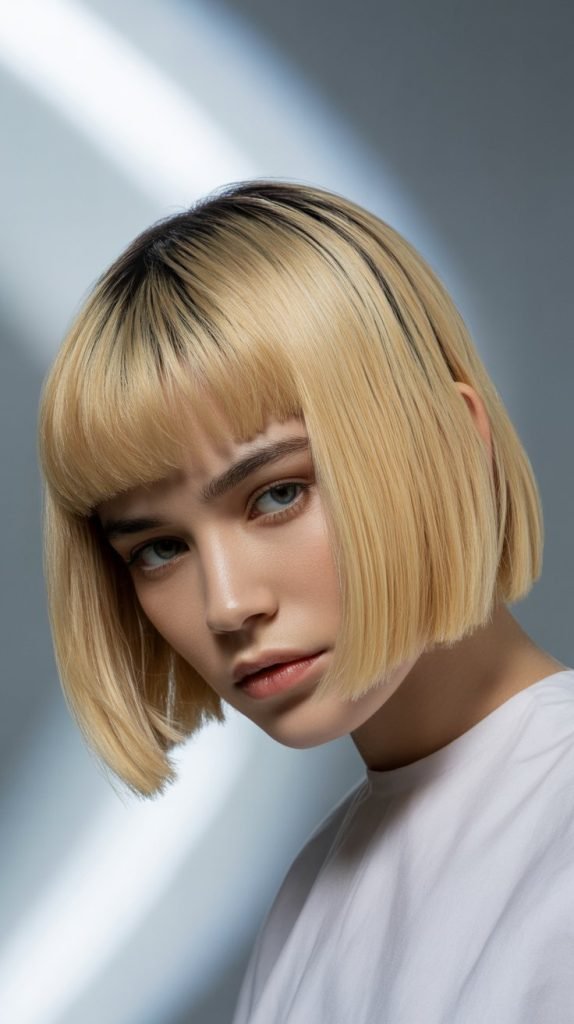 The Blunt Cut Blonde Bob with Baby Bangs