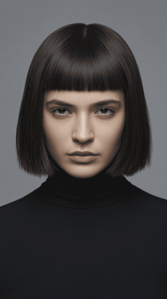 Pin-Straight Hair with Blunt Bangs