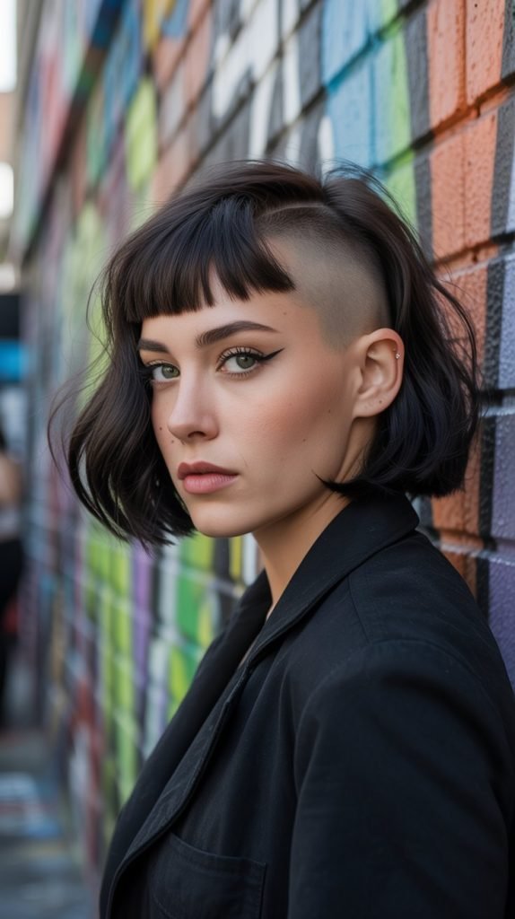 16. Edgy Chin Bob with Side-Shaved Bangs