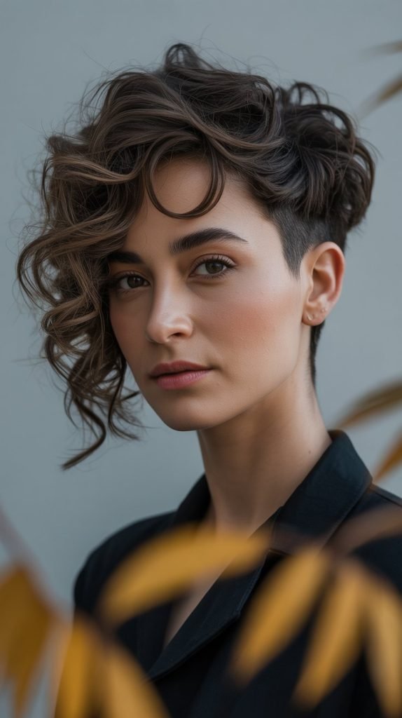 Asymmetrical Curly Cut with Side-Swept Layers