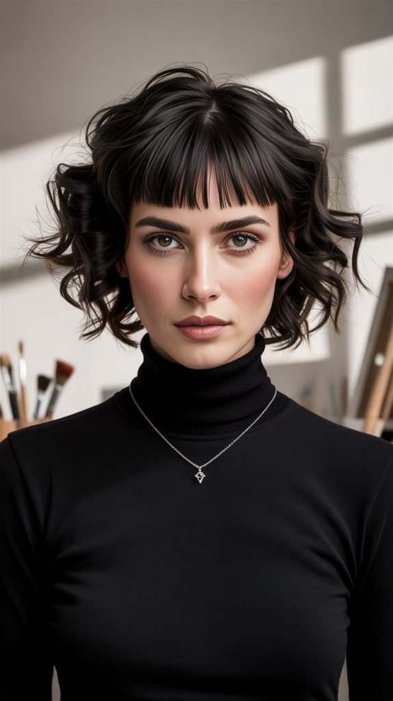 Edgy Asymmetrical Fringe with Tight Curls