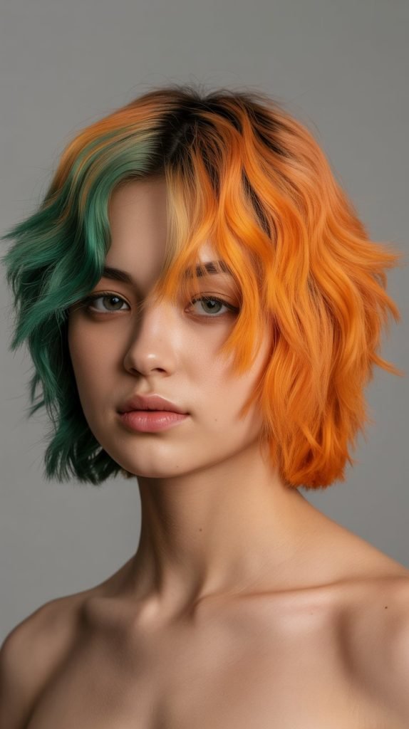 20. Shaggy Bob with Curtain Bangs and Color Blocking