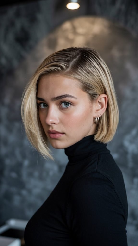  The Sleek Angled Bob with Side Fringe