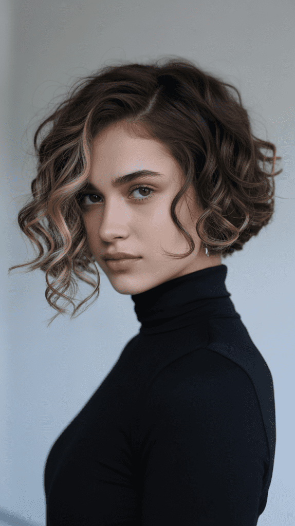 Asymmetrical Curly Bob with Modern Edge