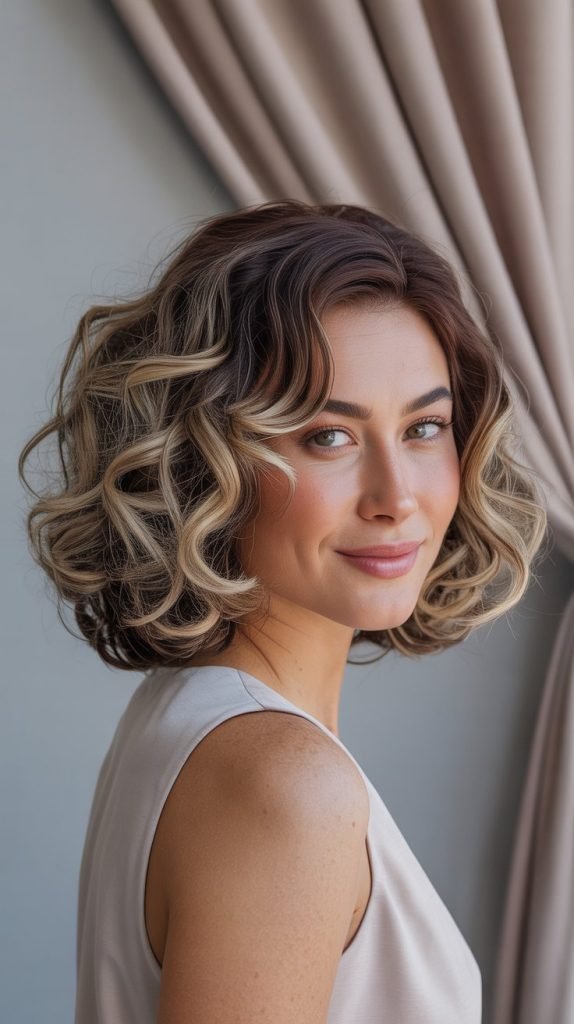 Curly Lob with Face-Framing Highlights