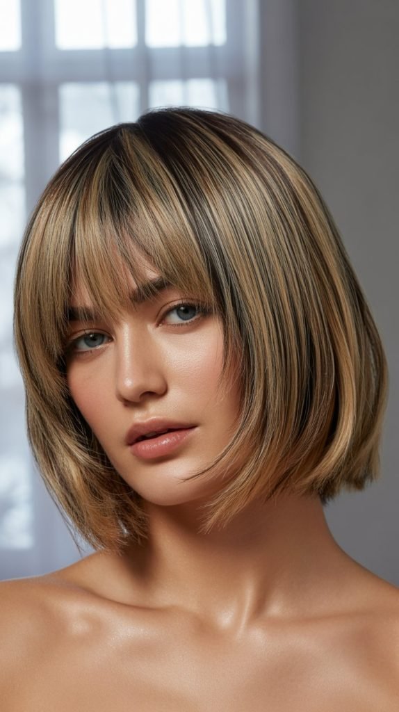 26. Shaggy Bob with Curtain Bangs and Glossy Finish