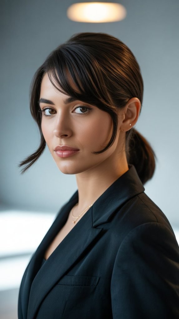  Side-Swept Bangs with Low Ponytail