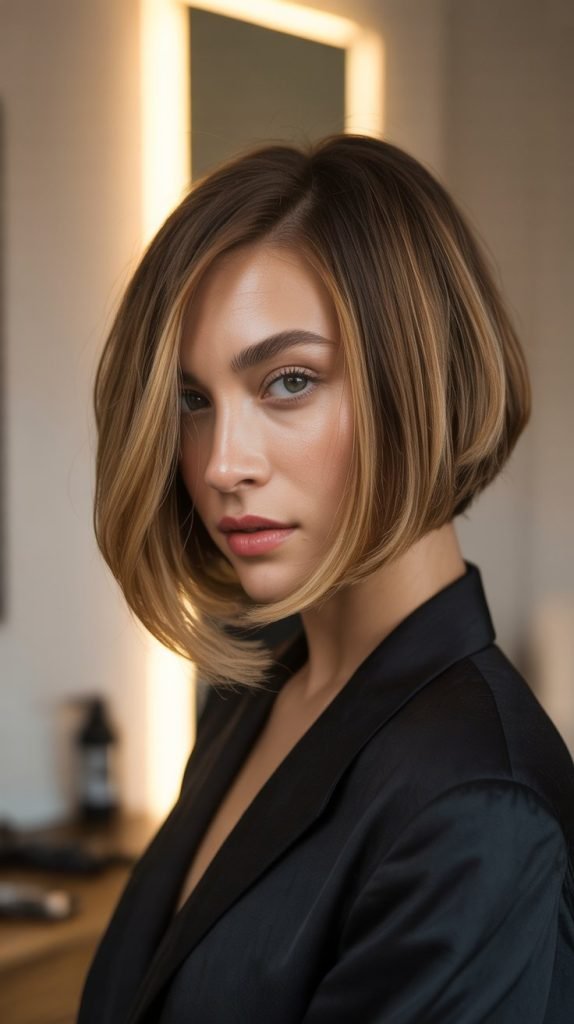 2. Angled Bob with Honey Balayage