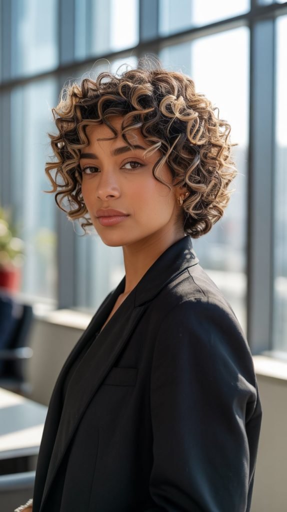 Tapered Curly Cut with Face-Framing Highlights