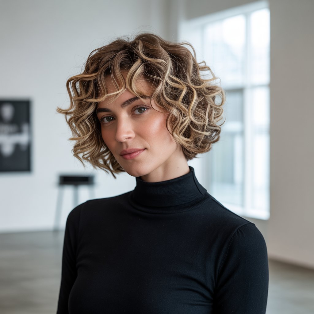 Curly French Bob with Subtle Highlights