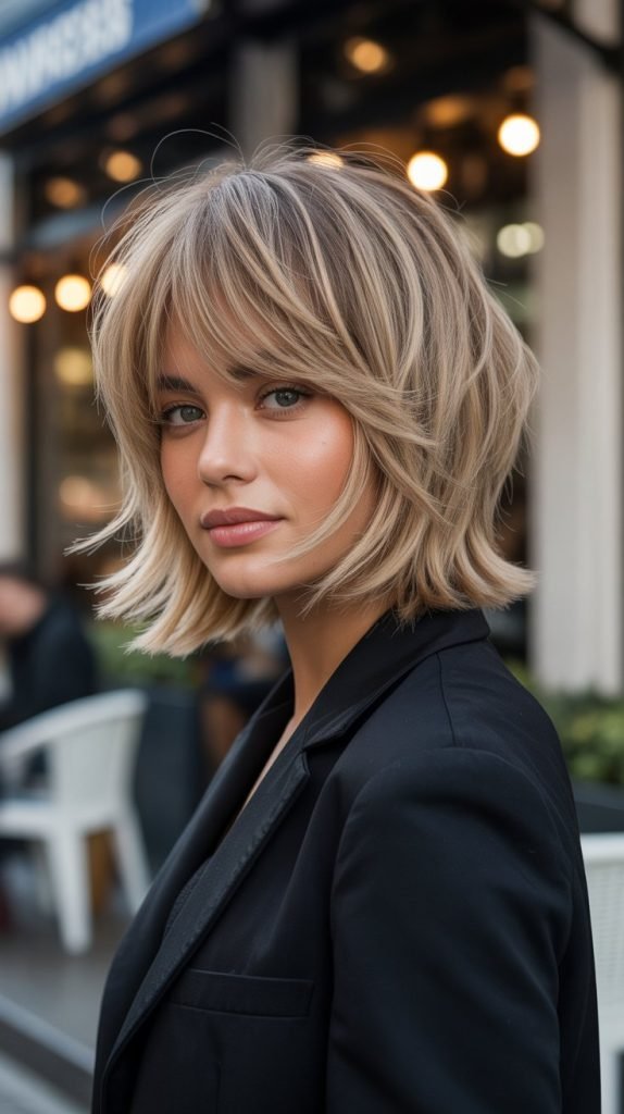 Modern Shag French Bob with Champagne Blonde Bangs