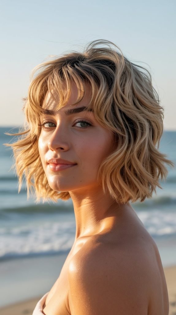 The Tousled Beach Wave Blonde Bob with Wispy Bangs