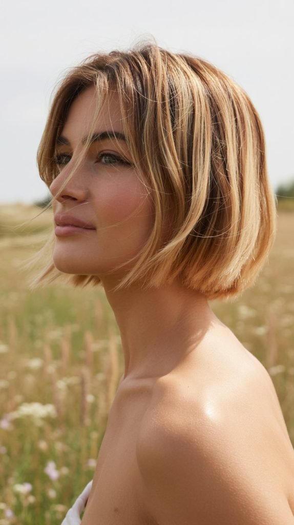 7. Feathered Bob with Blonde Highlights
