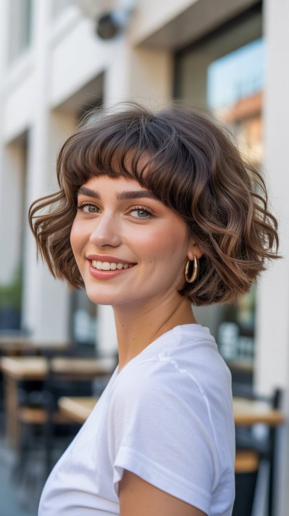 5. Wavy Chin Bob with Full Bangs