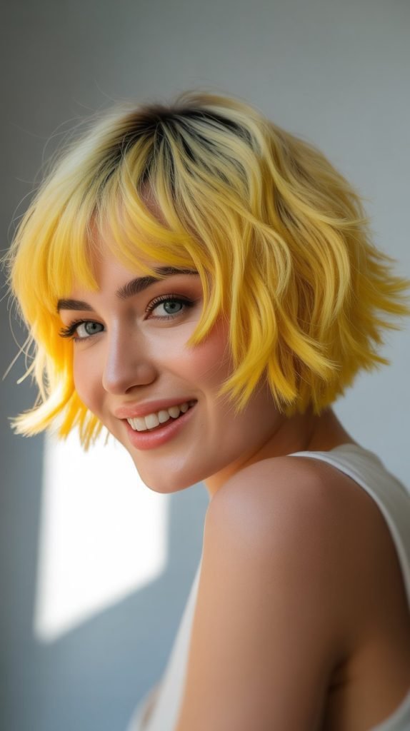 Lemon Blonde Shaggy French Bob for Bright Energy