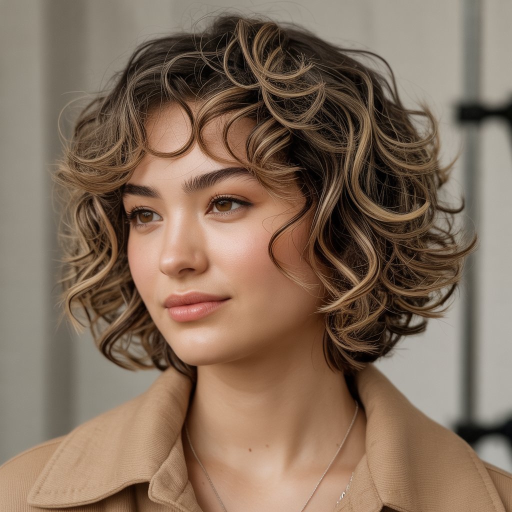 Textured Curly French Bob with Face-Framing Layers
