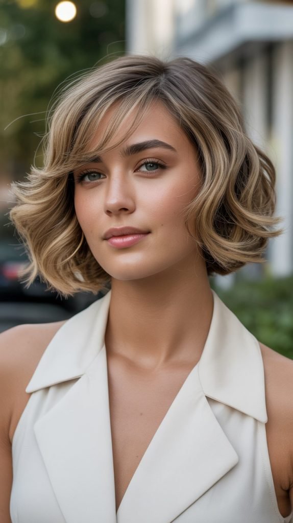  Wavy Bob with Side-Swept Bangs