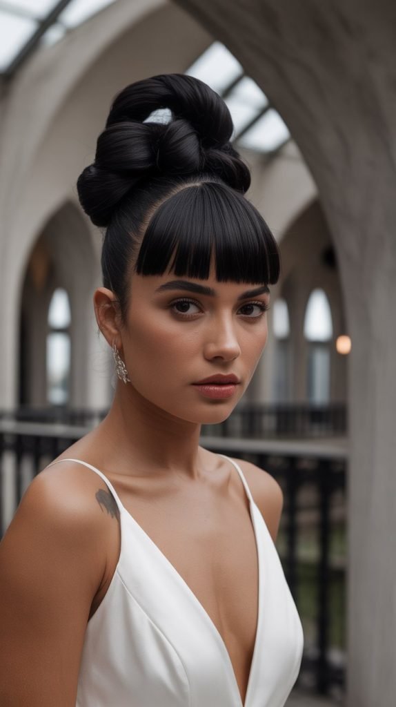 . Knotted Updo with Straight-Across Bangs