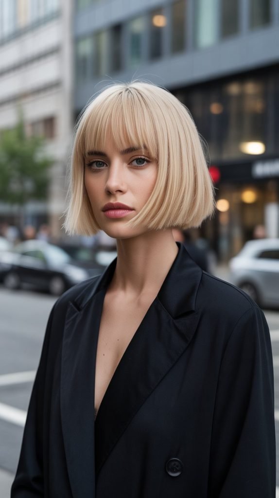 Asymmetrical French Bob with Champagne Blonde Bangs
