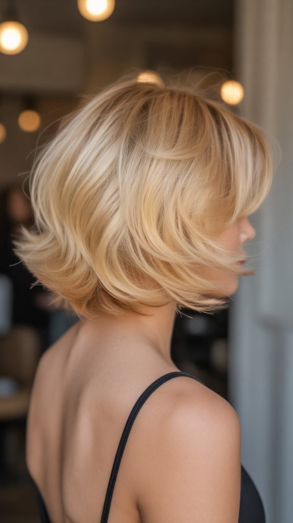 : Back view of a bouncy layered bob showing maximum volume and energetic movement, golden blonde hair with lively bounce
