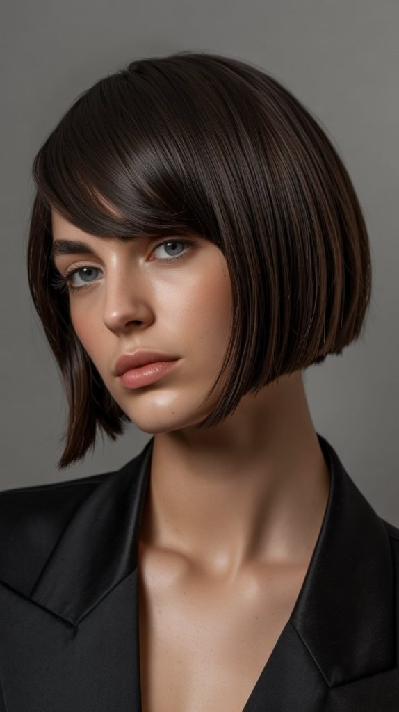  Asymmetrical French Bob with Angled Curtain Bangs