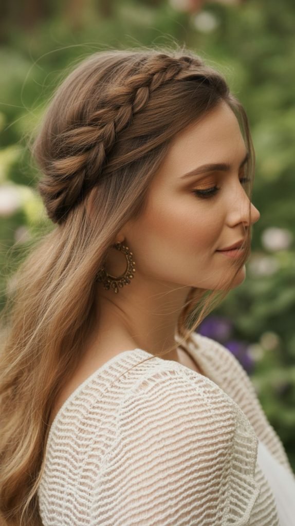 15. Braided Headband with Flowing Hair