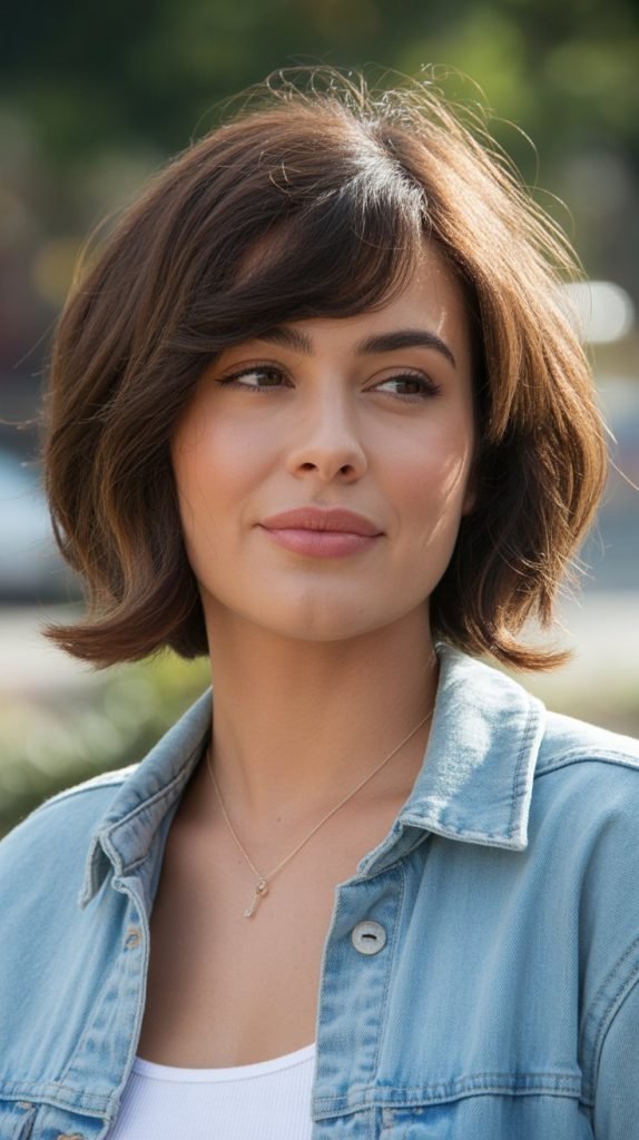 2. Layered Chin Bob with Side-Swept Bangs