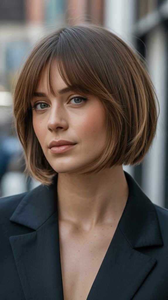 Chin-Length Bob with Full Bangs and Internal Layers
